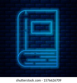 Glowing neon line Book icon isolated on brick wall background.  Vector Illustration