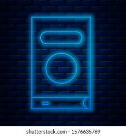 Glowing neon line Book icon isolated on brick wall background.  Vector Illustration