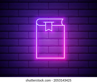 Glowing neon line Book icon isolated on brick wall background. Colorful outline concept. Vector.