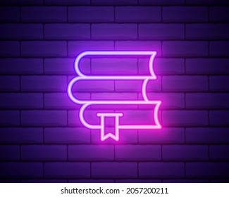 Glowing neon line Book icon isolated on brick wall background. Colorful outline concept. Vector