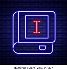 Glowing neon line Book icon isolated on brick wall background. First volume. Colorful outline concept. Vector