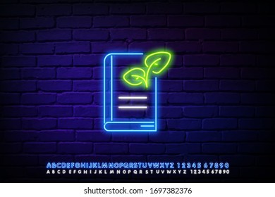 Glowing neon line of a book with recipes for healthy food, medicine, isolated on a dark background. vector illustration