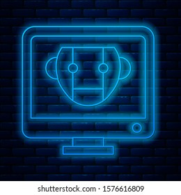 Glowing neon line Bot icon isolated on brick wall background. Computer monitor and robot icon.  Vector Illustration