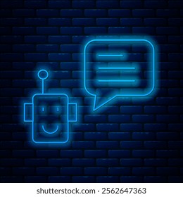 Glowing neon line Bot icon isolated on brick wall background. Robot icon.  Vector