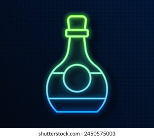 Glowing neon line Bottle of cognac or brandy icon isolated on blue background.  Vector