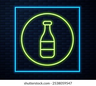 Glowing neon line Bottle icon isolated on brick wall background.  Vector