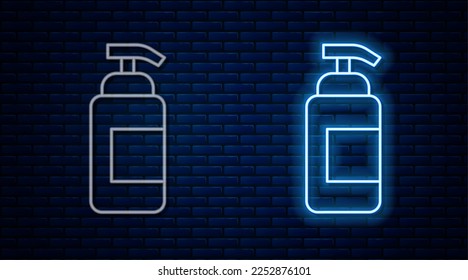 Glowing neon line Bottle of liquid antibacterial soap with dispenser icon isolated on brick wall background. Antiseptic. Disinfection, hygiene, skin care.  Vector