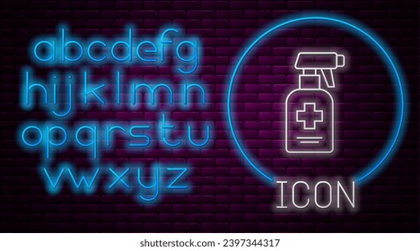 Glowing neon line Bottle of liquid antibacterial soap with dispenser icon isolated on brick wall background. Antiseptic. Disinfection, hygiene, skin care. Neon light alphabet. Vector