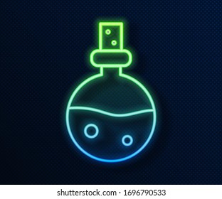 Glowing neon line Bottle with love potion icon isolated on blue background. Valentines day symbol.  Vector Illustration