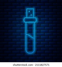 Glowing neon line Bottle with love potion icon isolated on brick wall background. Valentines day symbol.  Vector Illustration