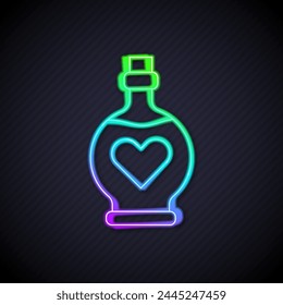 Glowing neon line Bottle with love potion icon isolated on black background. Valentines day symbol.  Vector