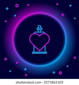 Glowing neon line Bottle with love potion icon isolated on black background. Valentines day symbol. Colorful outline concept. Vector