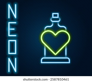 Glowing neon line Bottle with love potion icon isolated on black background. Valentines day symbol. Colorful outline concept. Vector