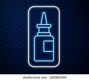 Glowing neon line Bottle nasal spray icon isolated on brick wall background.  Vector Illustration