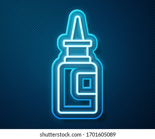 Glowing neon line Bottle nasal spray icon isolated on blue background.  Vector Illustration