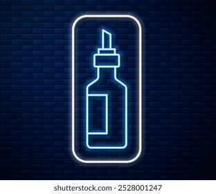 Glowing neon line Bottle of olive oil icon isolated on brick wall background. Jug with olive oil icon.  Vector