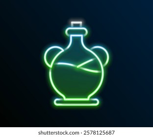 Glowing neon line Bottle of olive oil icon isolated on black background. Jug with olive oil icon. Colorful outline concept. Vector