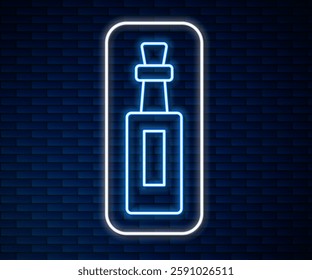 Glowing neon line Bottle of olive oil icon isolated on brick wall background. Jug with olive oil icon.  Vector