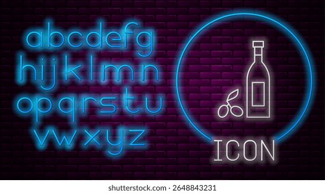 Glowing neon line Bottle of olive oil icon isolated on brick wall background. Jug with olive oil icon. Neon light alphabet. Vector