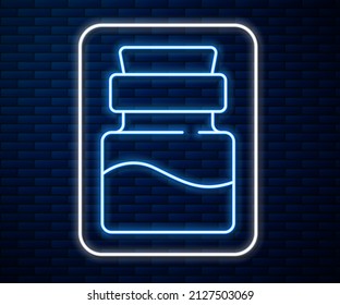Glowing neon line Bottle with potion icon isolated on brick wall background. Flask with magic potion. Happy Halloween party.  Vector