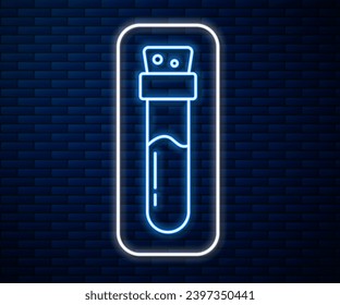 Glowing neon line Bottle with potion icon isolated on brick wall background. Flask with magic potion. Happy Halloween party.  Vector