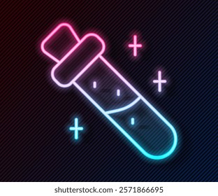 Glowing neon line Bottle with potion icon isolated on black background. Flask with magic potion.  Vector