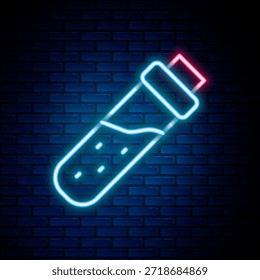 Botella de línea de neón brillante con icono de poción aislado en fondo de pared de ladrillo. Frasco con poción mágica. Feliz Halloween. Concepto de contorno colorido. Vector