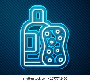 Glowing neon line Bottle of shampoo and sponge icon isolated on blue background.  Vector Illustration