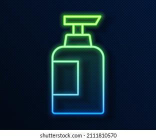 Glowing neon line Bottle of shampoo icon isolated on blue background.  Vector