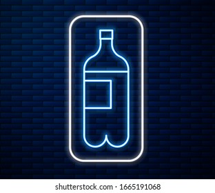 Glowing neon line Bottle of water icon isolated on brick wall background. Soda aqua drink sign.  Vector Illustration