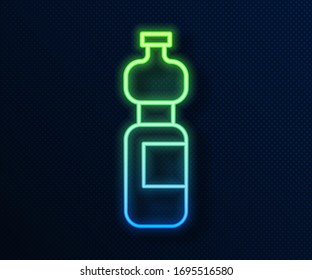 Glowing neon line Bottle of water icon isolated on blue background. Soda aqua drink sign.  Vector Illustration
