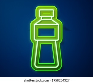 Glowing neon line Bottle of water icon isolated on blue background. Soda aqua drink sign.  Vector