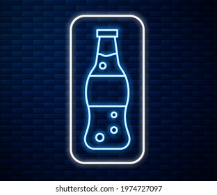 Glowing neon line Bottle of water icon isolated on brick wall background. Soda aqua drink sign.  Vector Illustration