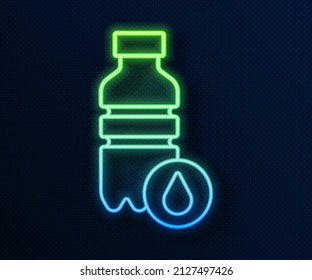 Glowing neon line Bottle of water icon isolated on blue background. Soda aqua drink sign.  Vector