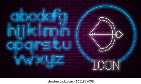 Glowing neon line Bow and arrow icon isolated on brick wall background. Cupid symbol. Love sign. Valentines day concept. Neon light alphabet. Vector Illustration