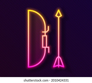 Glowing neon line Bow and arrow in quiver icon isolated on black background.  Vector Illustration
