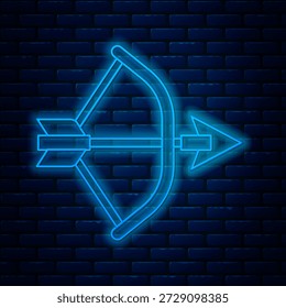 Glowing neon line Bow and arrow in quiver icon isolated on brick wall background.  Vector