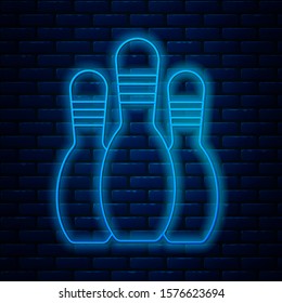 Glowing neon line Bowling pin icon isolated on brick wall background.  Vector Illustration