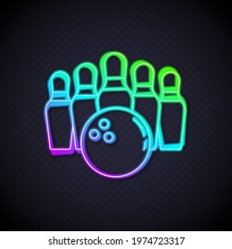 Glowing neon line Bowling pin and ball icon isolated on black background. Sport equipment.  Vector