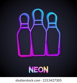Glowing neon line Bowling pin icon isolated on black background. Juggling clubs, circus skittles.  Vector