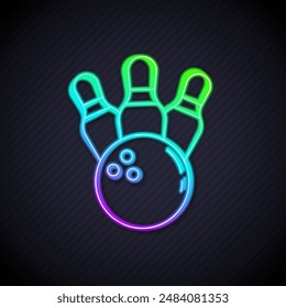 Glowing neon line Bowling pin and ball icon isolated on black background. Sport equipment.  Vector