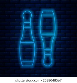 Glowing neon line Bowling pin icon isolated on brick wall background. Juggling clubs, circus skittles.  Vector