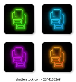 Glowing neon line Boxing glove icon isolated on white background. Black square button. Vector