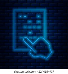 Glowing neon line Braille icon isolated on brick wall background. Finger drives on points. Writing signs system for blind or visually impaired people.  Vector
