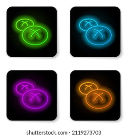 Glowing neon line Bread loaf icon isolated on white background. Black square button. Vector
