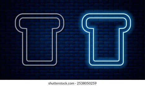 Glowing neon line Bread toast for sandwich piece of roasted crouton icon isolated on brick wall background. Lunch, dinner, breakfast snack.  Vector