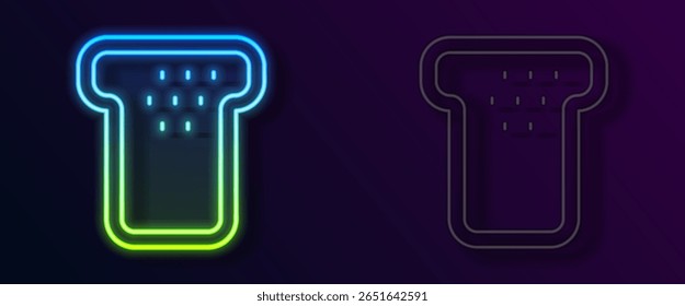Brilhante neon linha Torrada de pão para sanduíche pedaço de ícone crouton assado isolado no fundo preto. Almoço, jantar, lanche de café da manhã.  Vetor