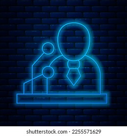 Glowing neon line Breaking news icon isolated on brick wall background. News on television. News anchor broadcasting. Mass media. Evening news.  Vector