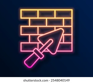 Glowing neon line Brick wall with trowel icon isolated on black background.  Vector