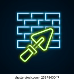 Glowing neon line Brick wall with trowel icon isolated on black background. Colorful outline concept. Vector